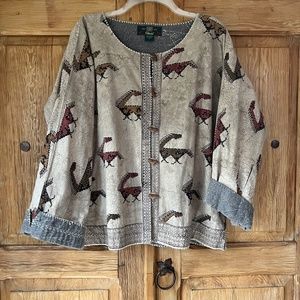 Orvis Hand stitched primative animal print jacket with wood buttons